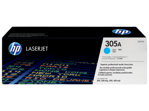 TONER HP 305A CYAN CE411A, Color: Cian, Compatibilidad. HP LASERJET PRO 300/400, Rendimiento: 2600 páginas.